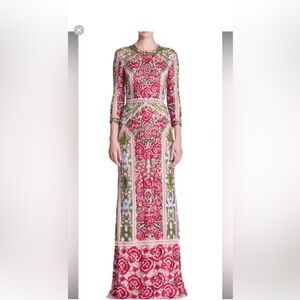 Marchesa Red and Green Floral Long Sleeve Dress